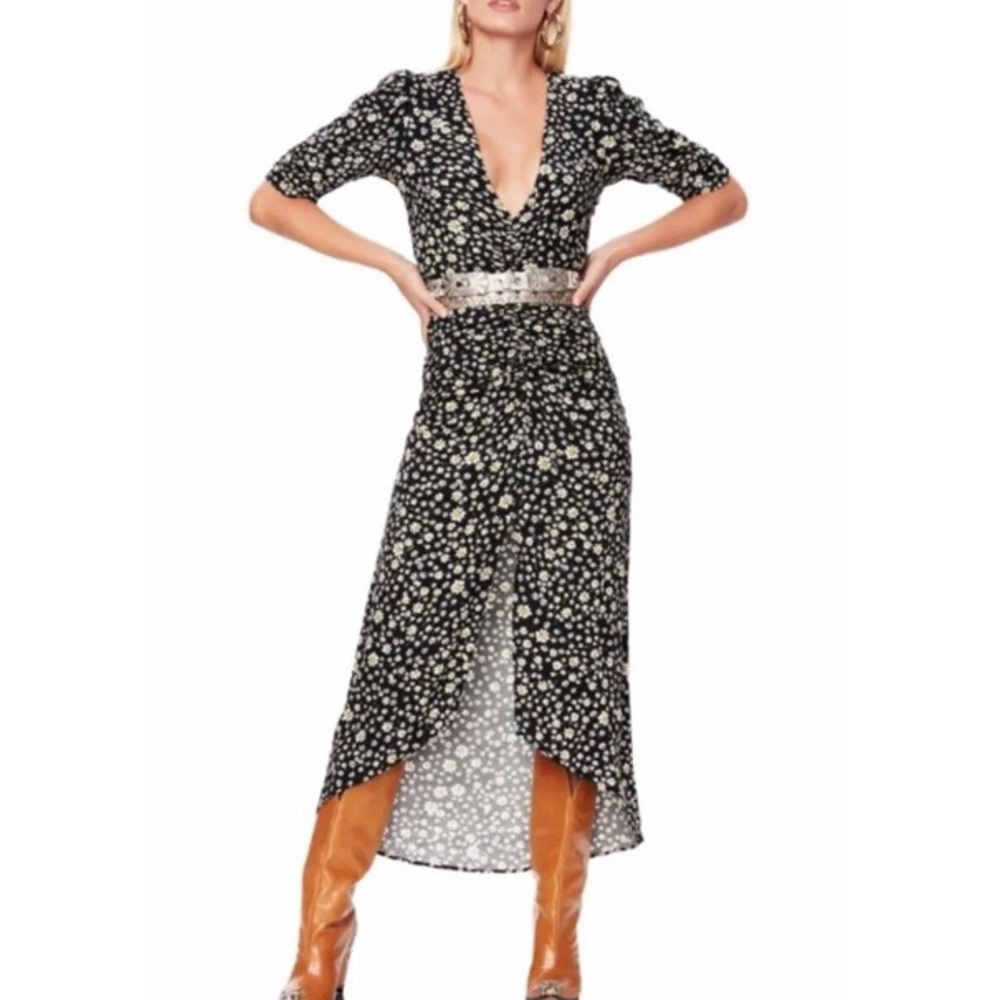 NWT AFRM Black Daisy Ditsy Ruched Midi Dress XS - Picture 3 of 13
